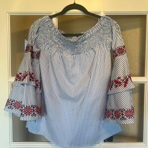 VaVa Joy Han Off The Shoulders Top Size S Blue White Embroidered Bell Sleeve